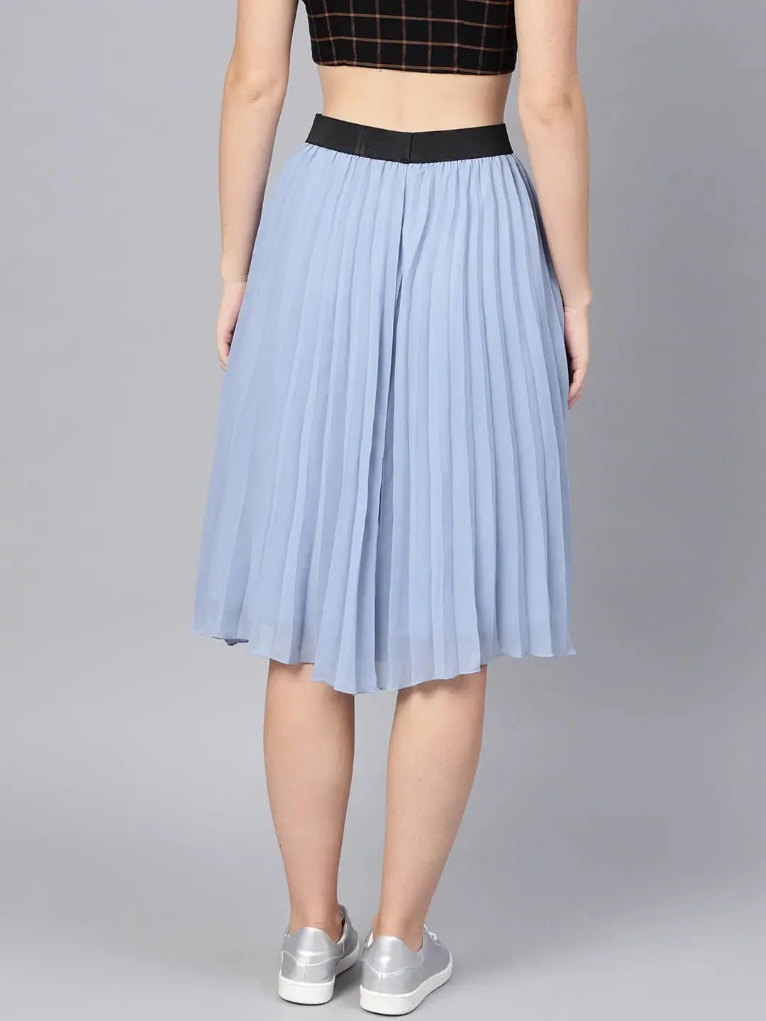 Blue Pleated Flared Midi Skirt