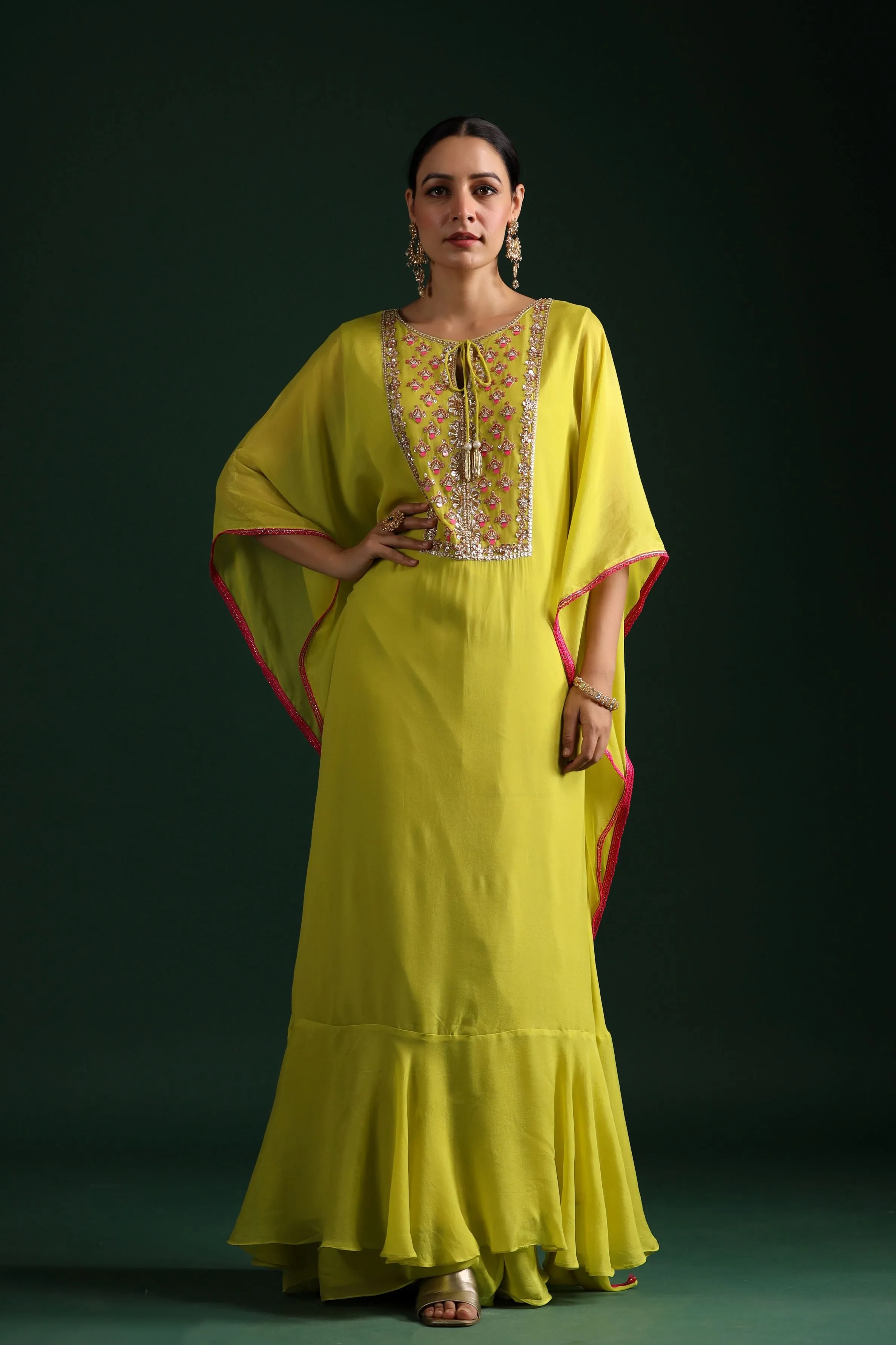 Neon Green Embellished Kaftan Dress