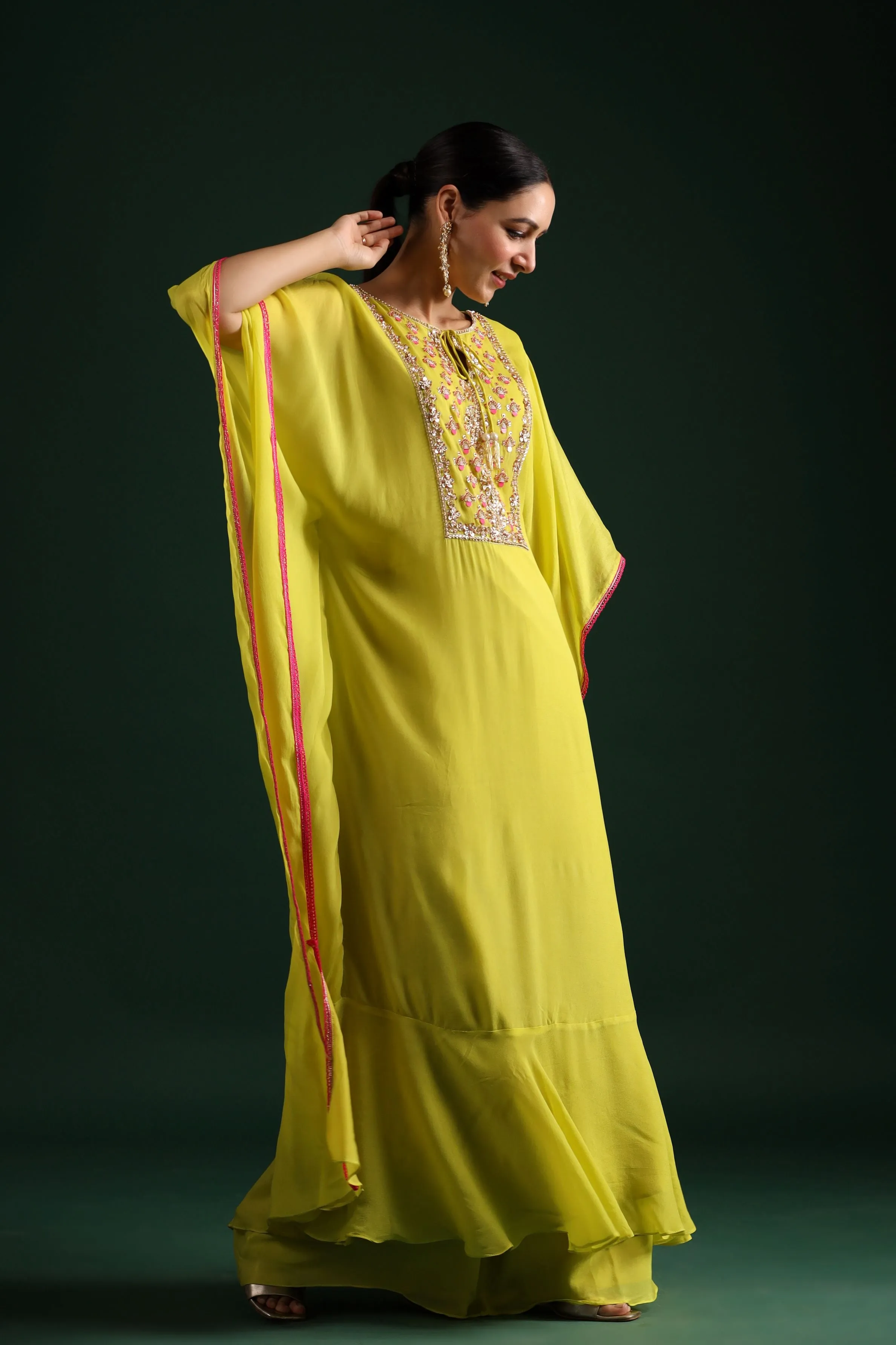Neon Green Embellished Kaftan Dress