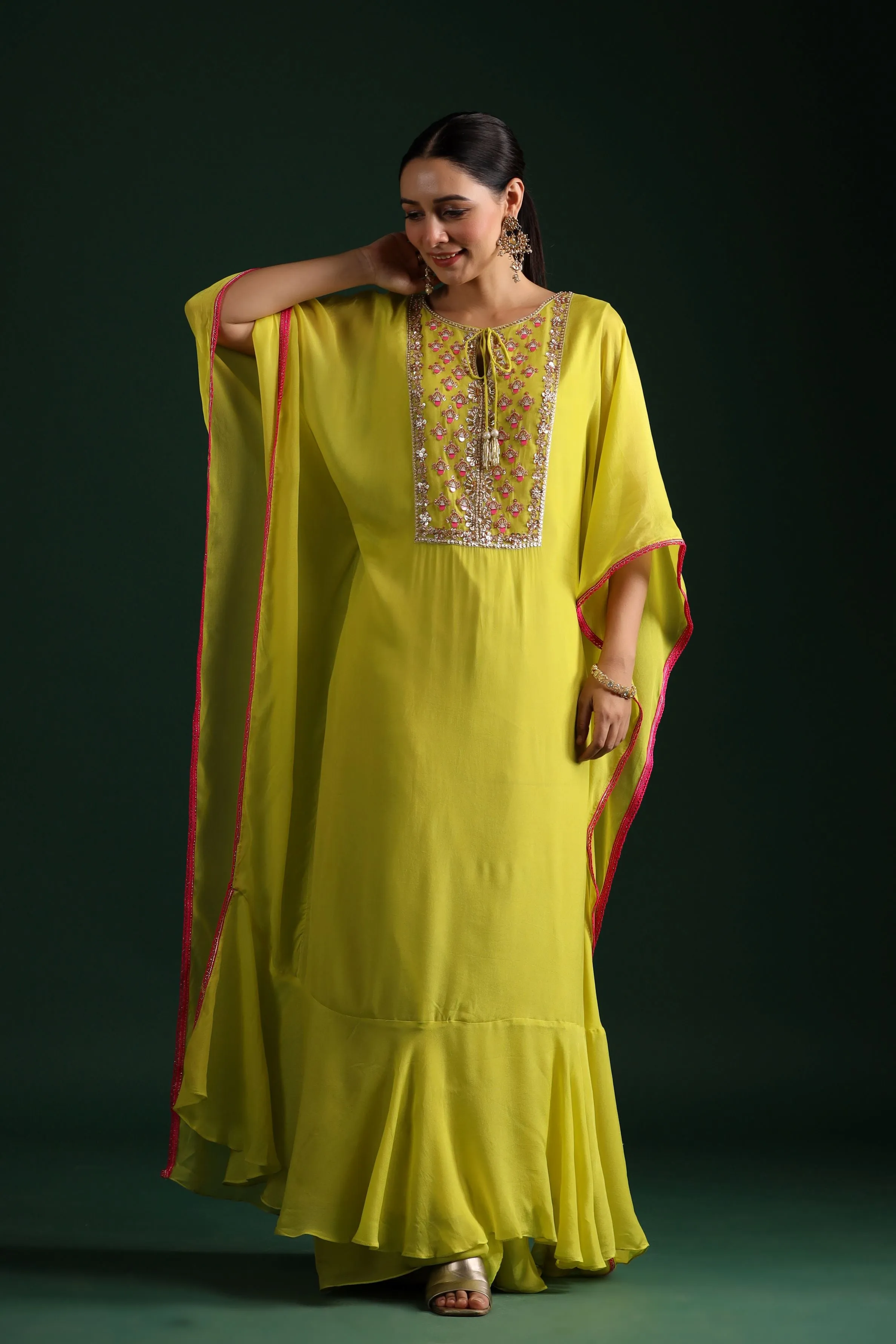Neon Green Embellished Kaftan Dress