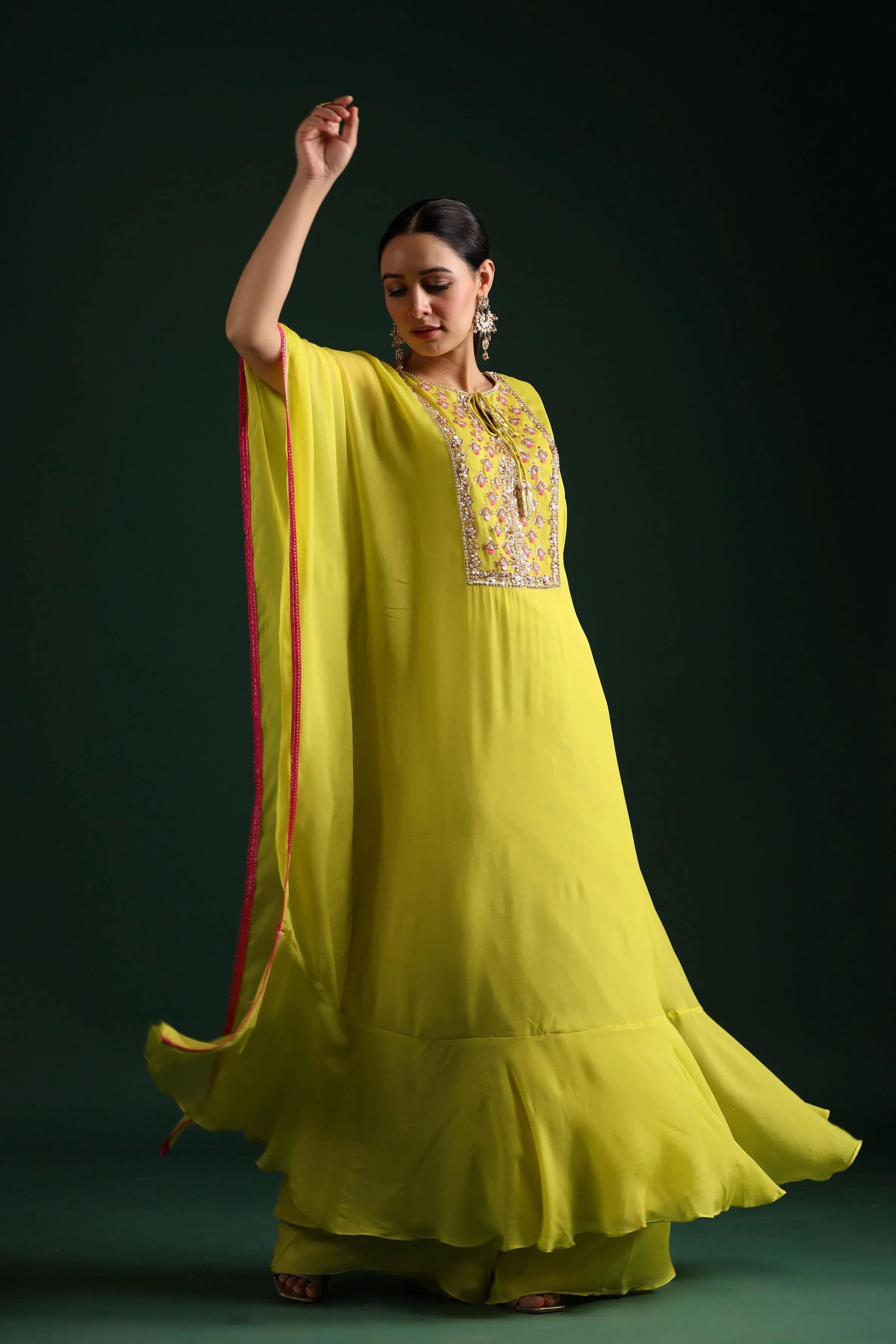 Neon Green Embellished Kaftan Dress