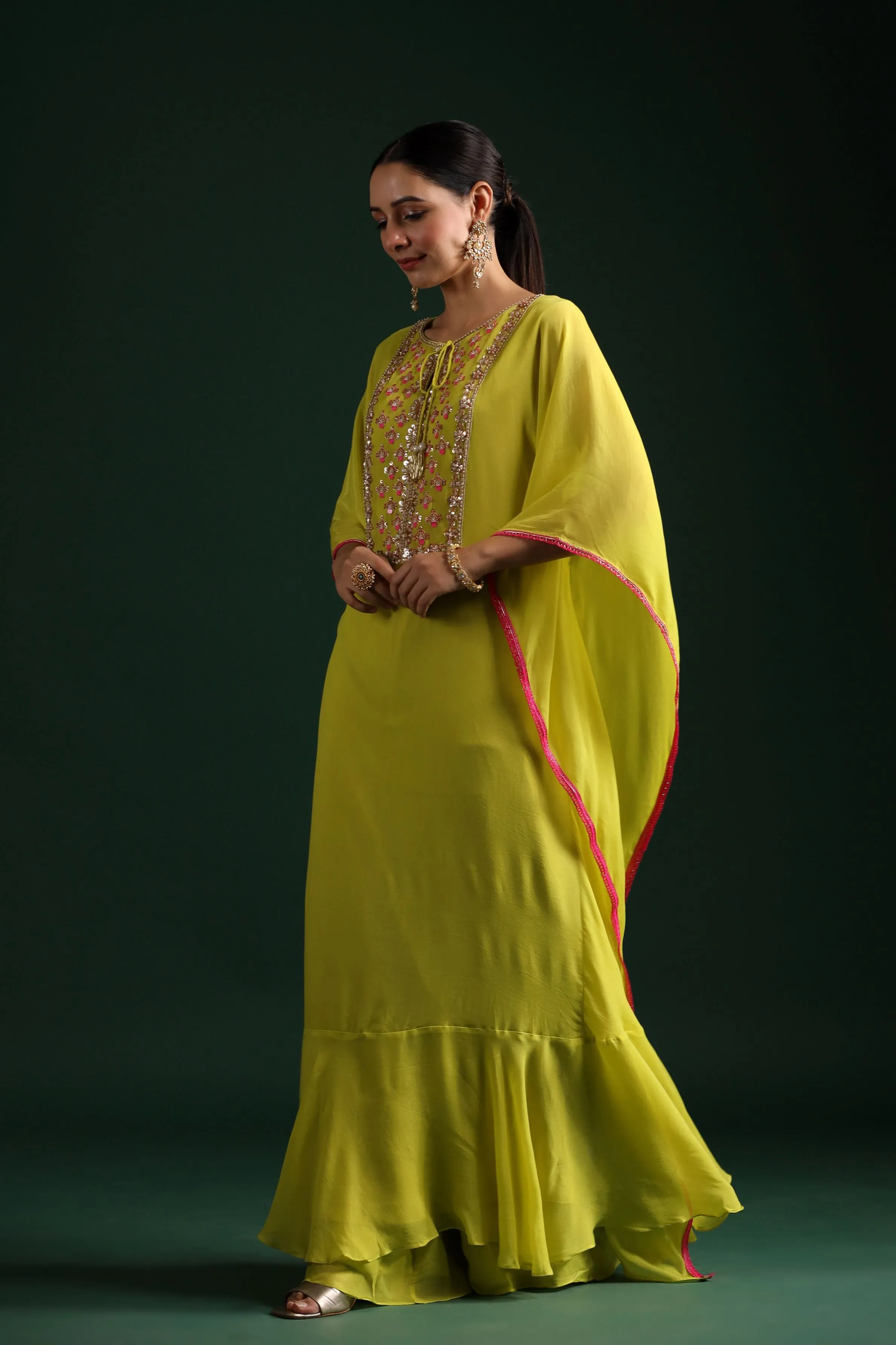 Neon Green Embellished Kaftan Dress