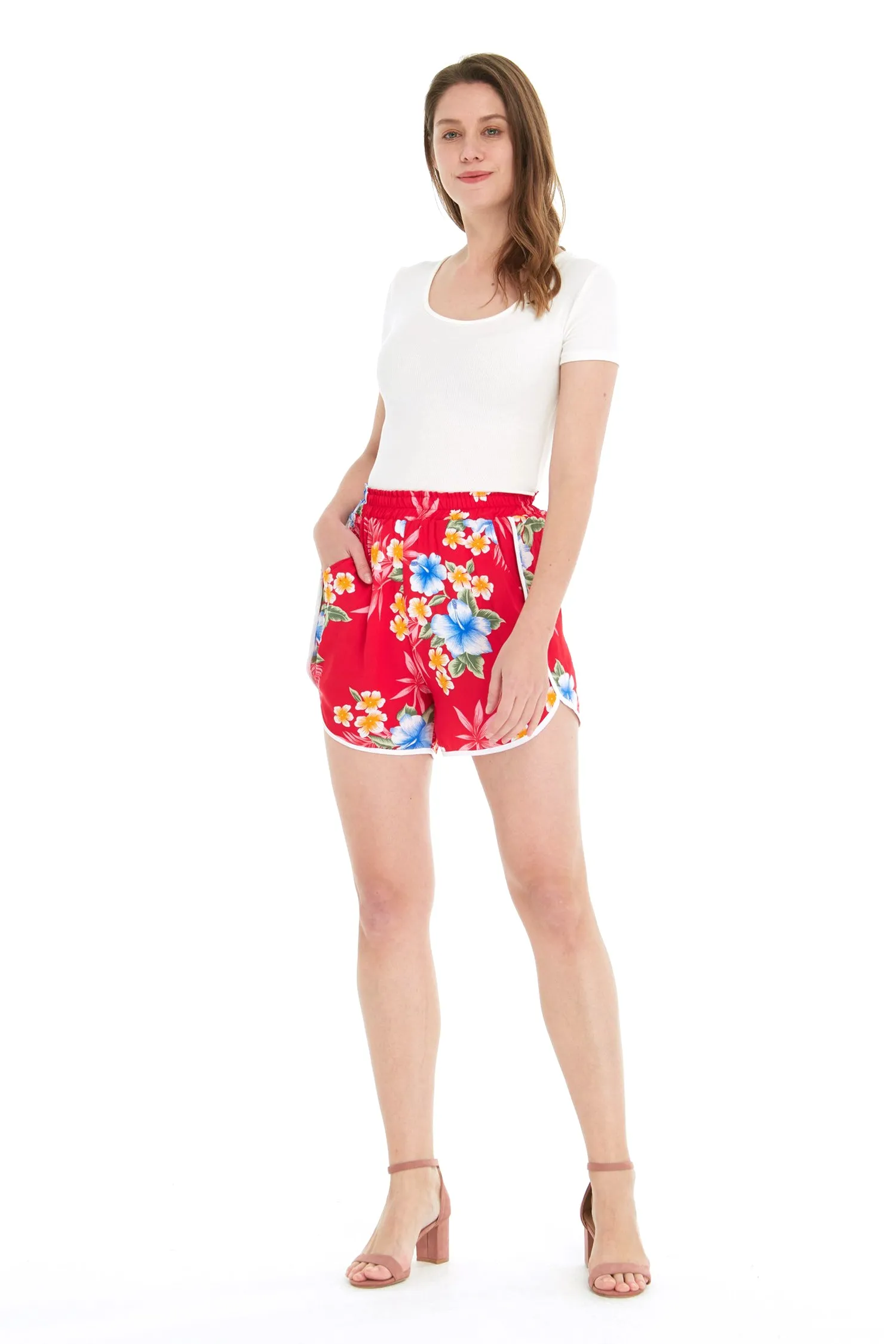 Women's Shorts with Elastic Band in Hibiscus Red